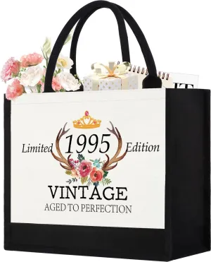 GevGuxLuo 30th Birthday Gifts for Women Canvas Tote Bag, 30 Years Old Birthday Gifts for Mom Wife Aunt Friends Her,Turning 30 Beach Bag Reusable Grocery Bag 1995 Women Tote Bag, Black & White, One