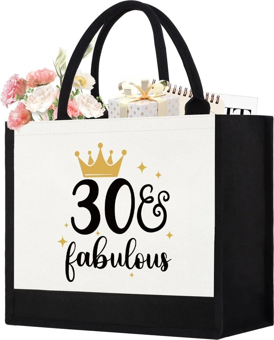 GevGuxLuo 30th Birthday Gifts for Women Canvas Tote Bag, 30 Years Old Birthday Gifts for Mom Wife Aunt Friends Her,Turning 30 Beach Bag Reusable Grocery Bag 30 fabulous Women Tote Bag, Black & White,