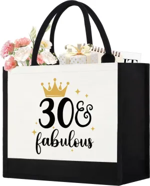 GevGuxLuo 30th Birthday Gifts for Women Canvas Tote Bag, 30 Years Old Birthday Gifts for Mom Wife Aunt Friends Her,Turning 30 Beach Bag Reusable Grocery Bag 30 fabulous Women Tote Bag, Black & White,