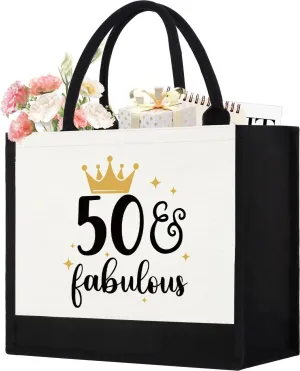 GevGuxLuo 50th Birthday Gifts for Women Canvas Tote Bag, 50 Years Old Birthday Gifts for Mom Wife Aunt Friends Her,Turning 50 Beach Bag Reusable Grocery Bag 50 fabulous Women Tote Bag, Black & White,