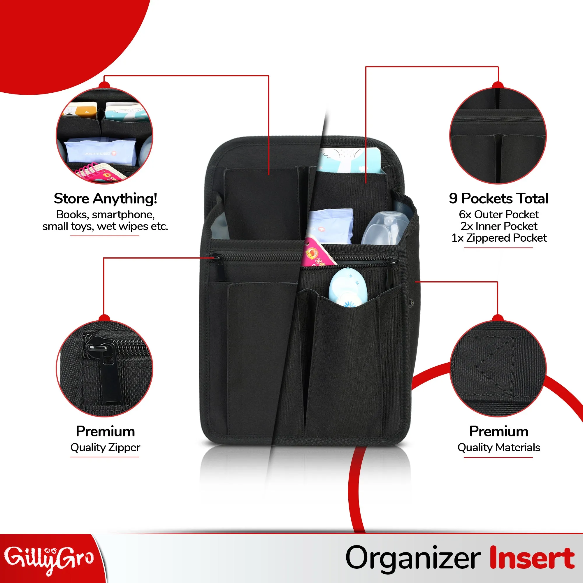 GillyGro Basic | 5-in-1 Multifunction Parent Backpack Set with Inbuilt Booster and 3  Insulated Pockets | Black
