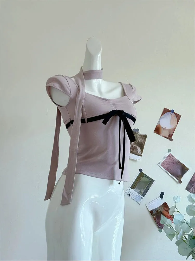 Girlary Korean Fashion Square Collar T-Shirts Slime Women Chic Slim Tees Gyaru Bow Crop Top Hot 2000s Aesthetic Streetwear Preppy Style