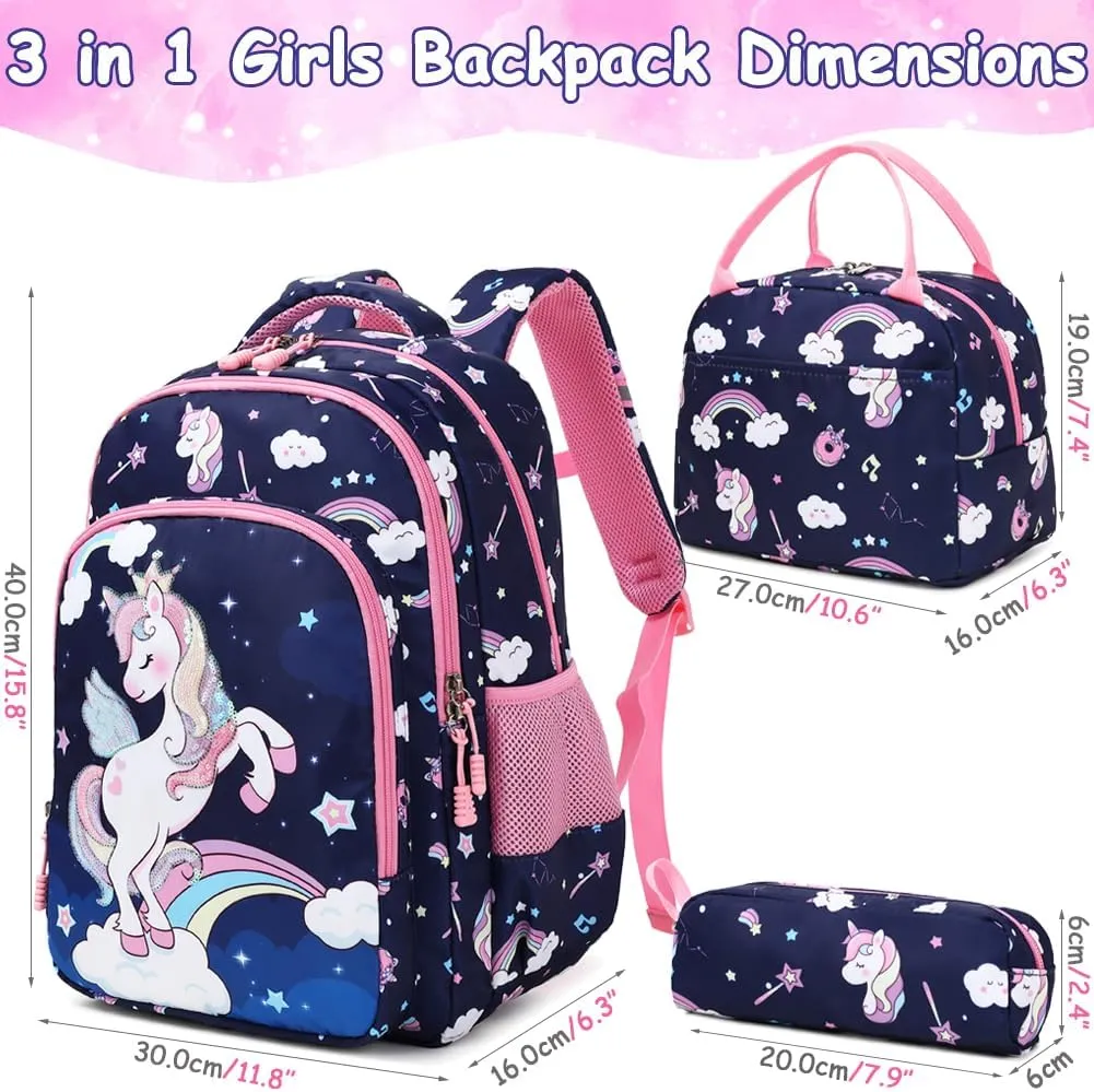 Girls Backpack for Elementary Kids School Bookbag Set Cute Unicorn Backpacks for Girls Water Resistant