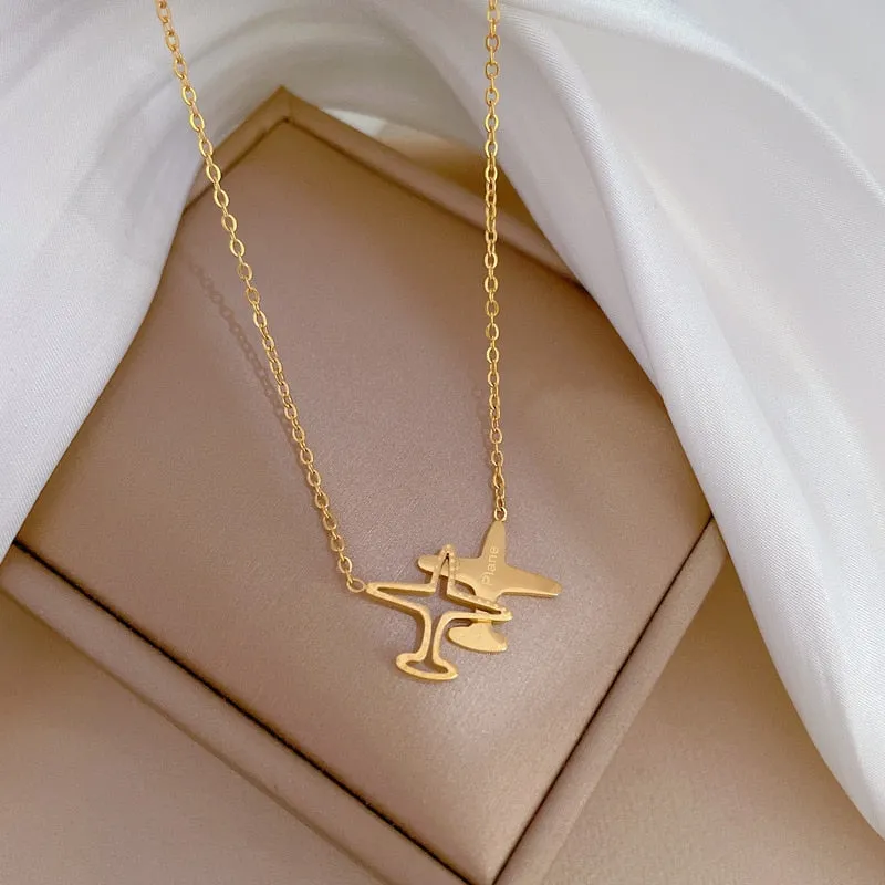 Gold Color Creative Personality Airplane Shaped Pendant Necklace For Women