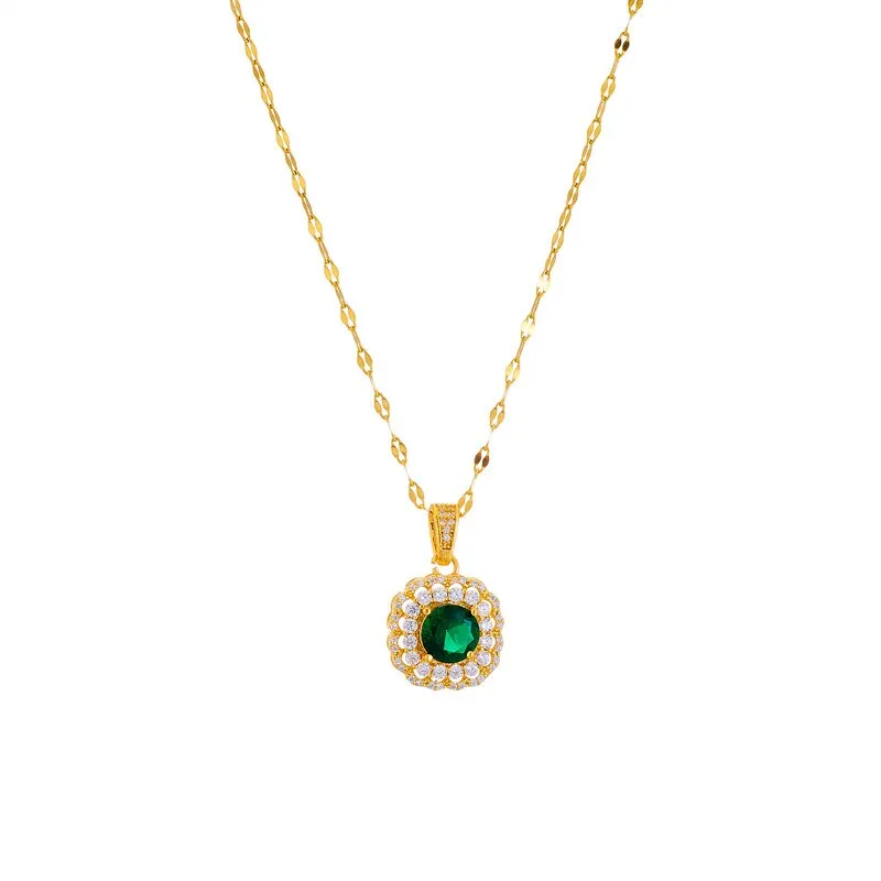 Gold Color Square Green Imitation Gemstone Pendant Necklace For Women