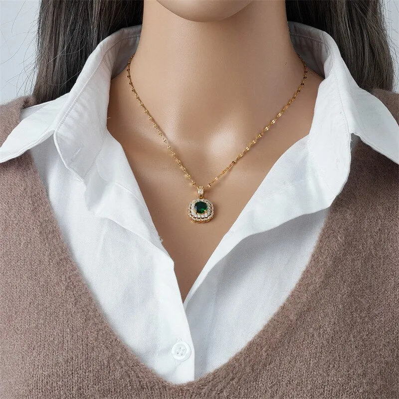 Gold Color Square Green Imitation Gemstone Pendant Necklace For Women