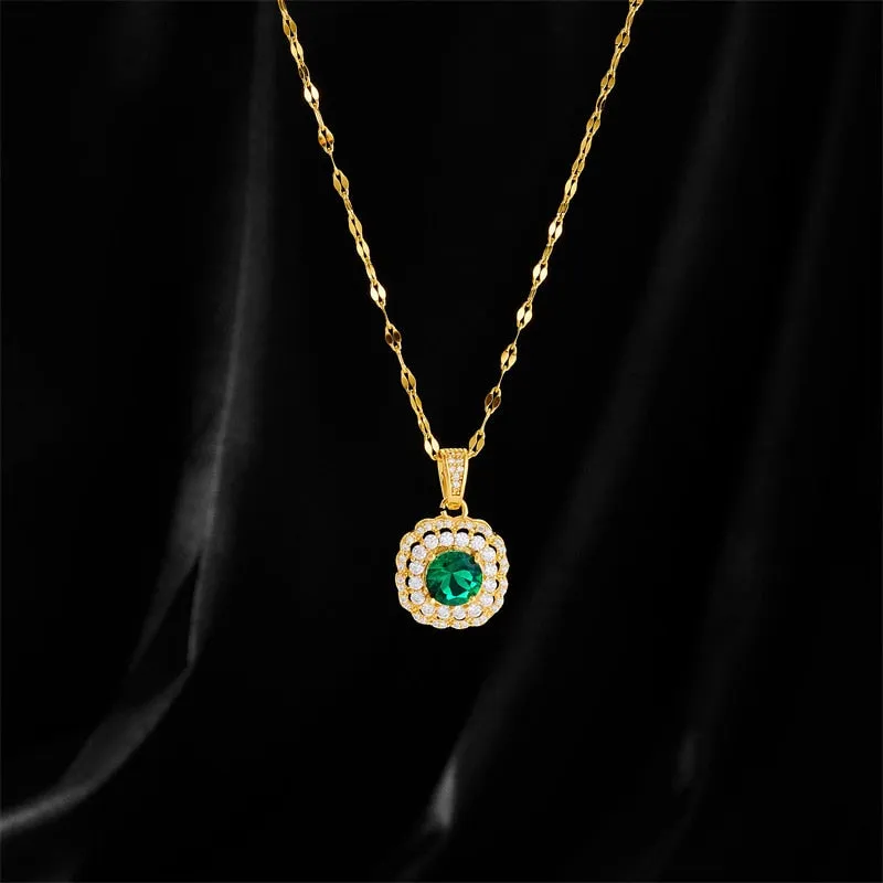 Gold Color Square Green Imitation Gemstone Pendant Necklace For Women