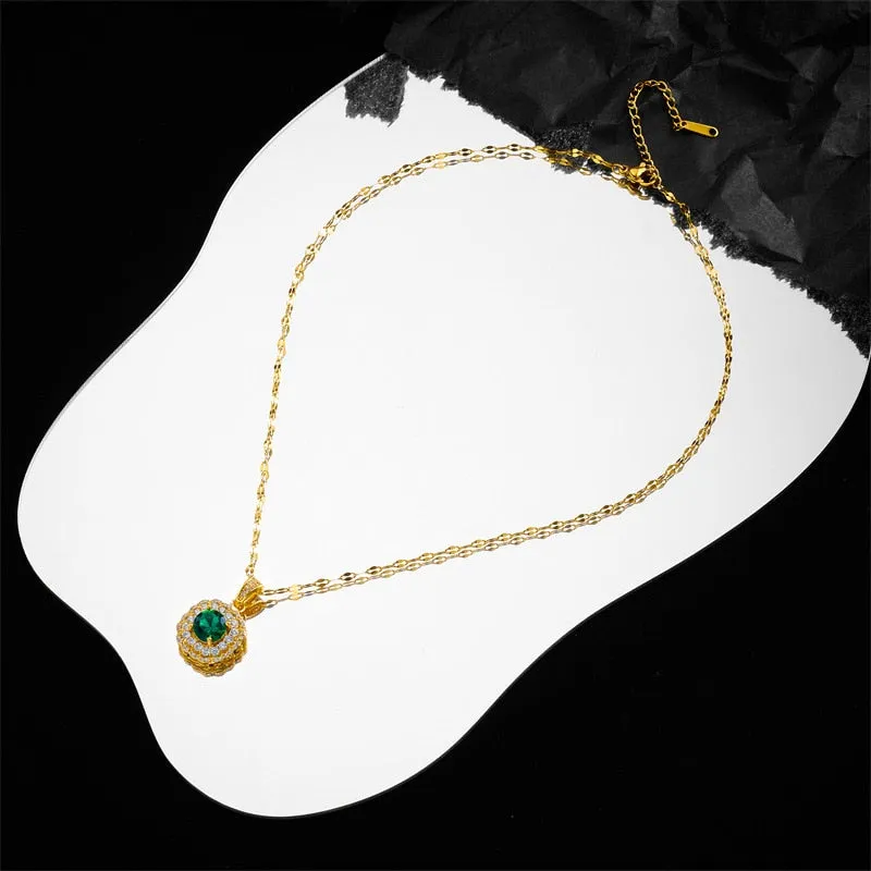 Gold Color Square Green Imitation Gemstone Pendant Necklace For Women