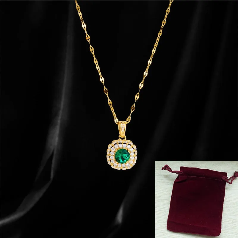 Gold Color Square Green Imitation Gemstone Pendant Necklace For Women