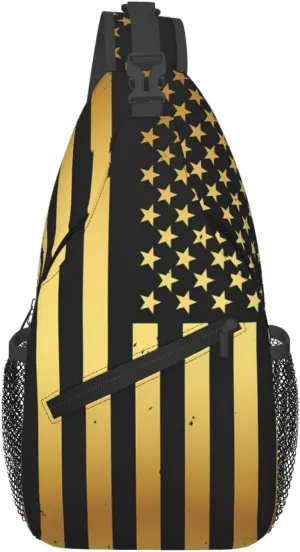 Golden American Flag Crossbody Sling Bag Chest Bags Casual Shoulder Backpack Sport Fanny Pack Gym Diagonally Daypack with Adjustable Strap for Running