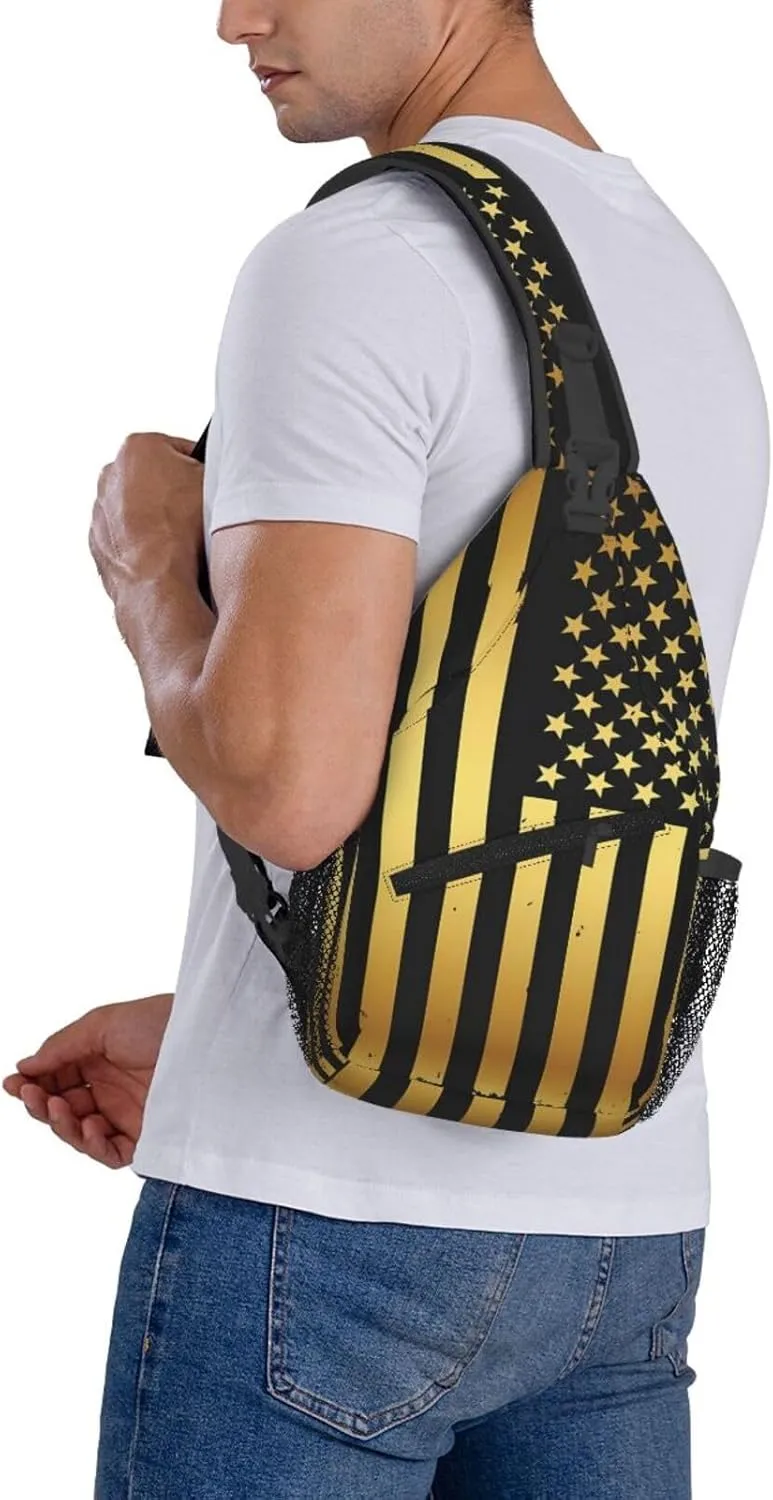 Golden American Flag Crossbody Sling Bag Chest Bags Casual Shoulder Backpack Sport Fanny Pack Gym Diagonally Daypack with Adjustable Strap for Running