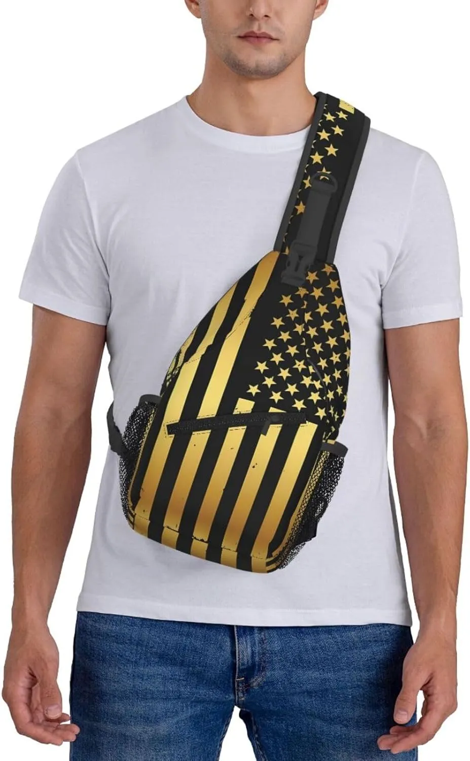 Golden American Flag Crossbody Sling Bag Chest Bags Casual Shoulder Backpack Sport Fanny Pack Gym Diagonally Daypack with Adjustable Strap for Running