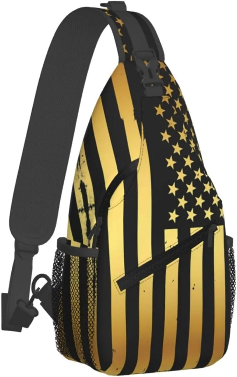 Golden American Flag Crossbody Sling Bag Chest Bags Casual Shoulder Backpack Sport Fanny Pack Gym Diagonally Daypack with Adjustable Strap for Running