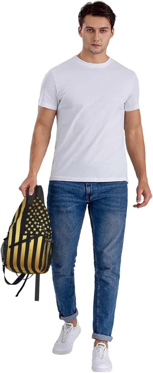 Golden American Flag Crossbody Sling Bag Chest Bags Casual Shoulder Backpack Sport Fanny Pack Gym Diagonally Daypack with Adjustable Strap for Running