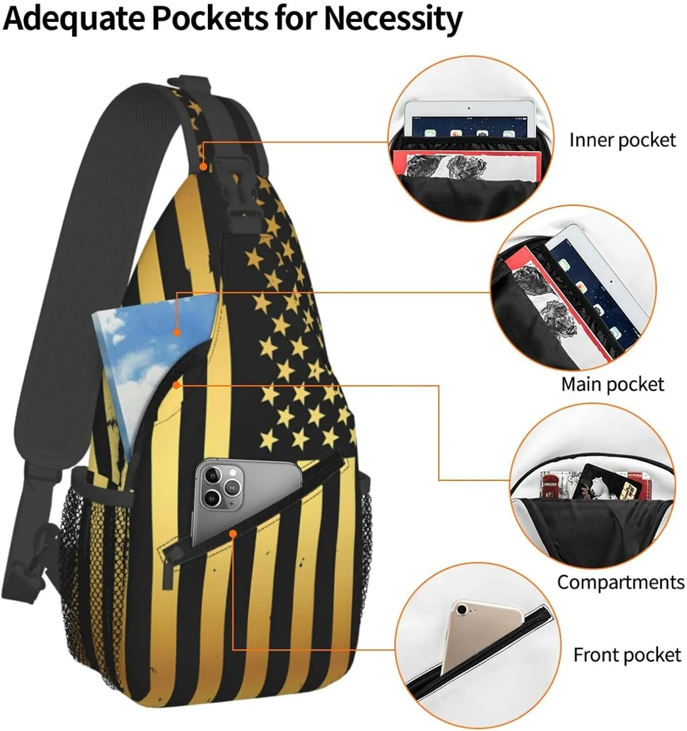 Golden American Flag Crossbody Sling Bag Chest Bags Casual Shoulder Backpack Sport Fanny Pack Gym Diagonally Daypack with Adjustable Strap for Running