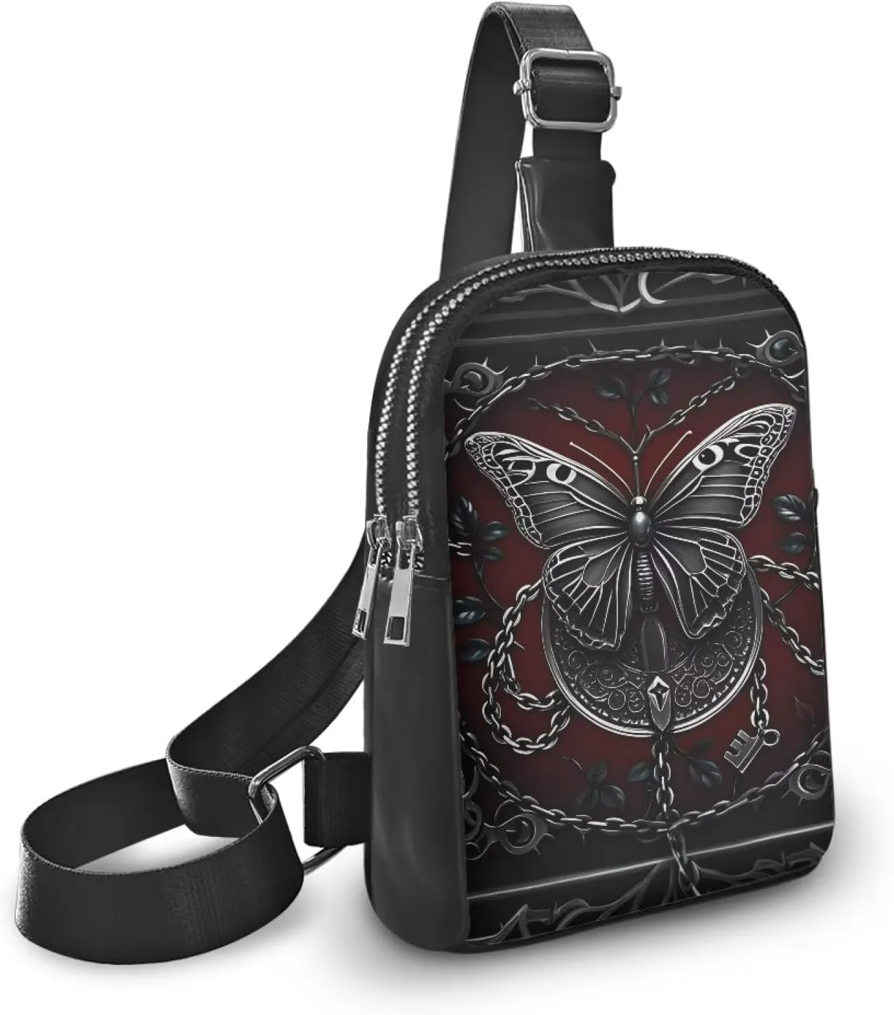 Gothic Chain Butterfly Crossbody Bags for Women Dark Red PU Leather Sling Bag, Medieval Horror Goth Art Small Fanny Pack Chest Bags for Hiking Travel Sports Running