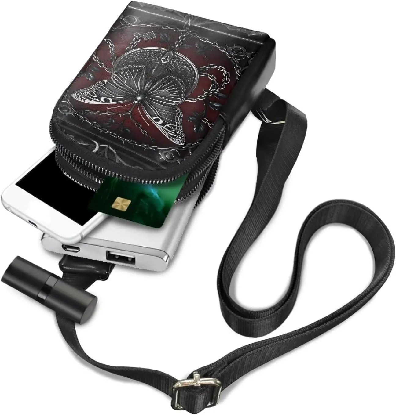 Gothic Chain Butterfly Crossbody Bags for Women Dark Red PU Leather Sling Bag, Medieval Horror Goth Art Small Fanny Pack Chest Bags for Hiking Travel Sports Running