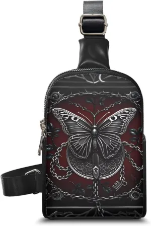 Gothic Chain Butterfly Crossbody Bags for Women Dark Red PU Leather Sling Bag, Medieval Horror Goth Art Small Fanny Pack Chest Bags for Hiking Travel Sports Running