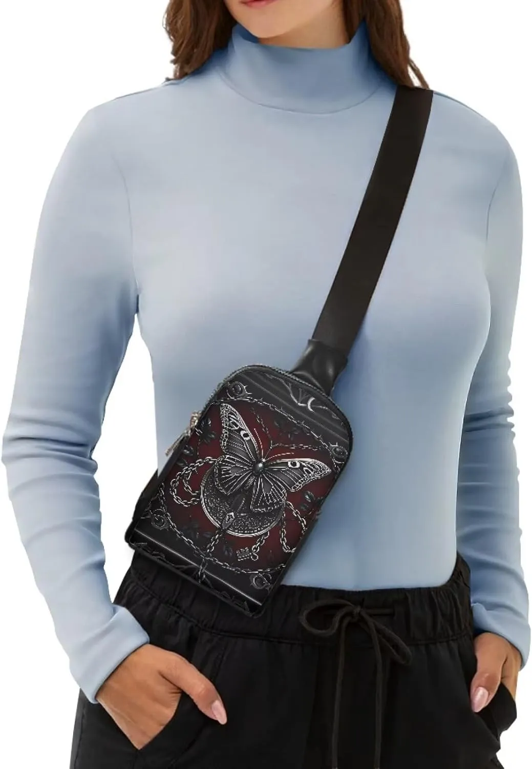 Gothic Chain Butterfly Crossbody Bags for Women Dark Red PU Leather Sling Bag, Medieval Horror Goth Art Small Fanny Pack Chest Bags for Hiking Travel Sports Running