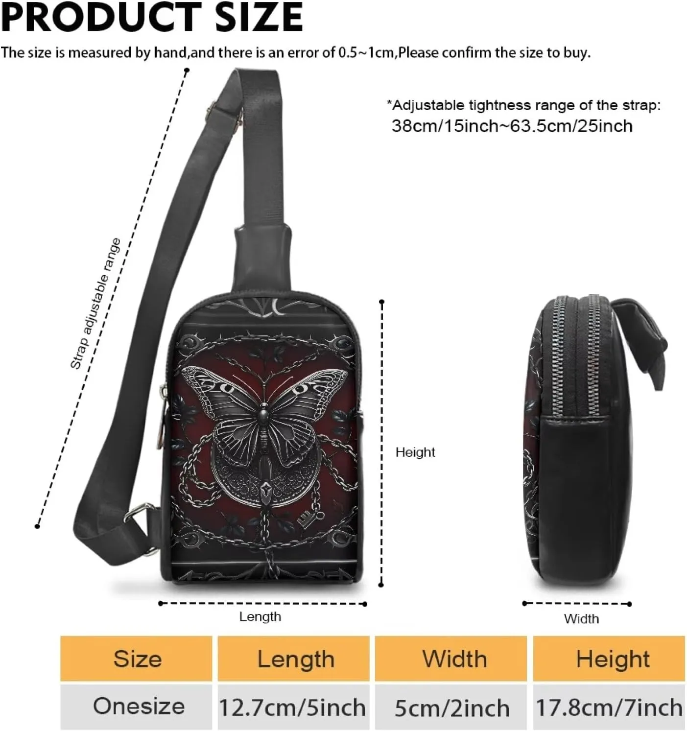 Gothic Chain Butterfly Crossbody Bags for Women Dark Red PU Leather Sling Bag, Medieval Horror Goth Art Small Fanny Pack Chest Bags for Hiking Travel Sports Running