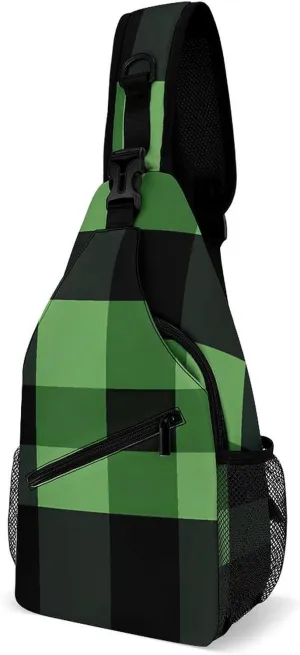 Green And Black Buffalo Plaid Sling Backpack Multipurpose Crossbody Shoulder Bags Travel Chest Bag Hiking Daypack