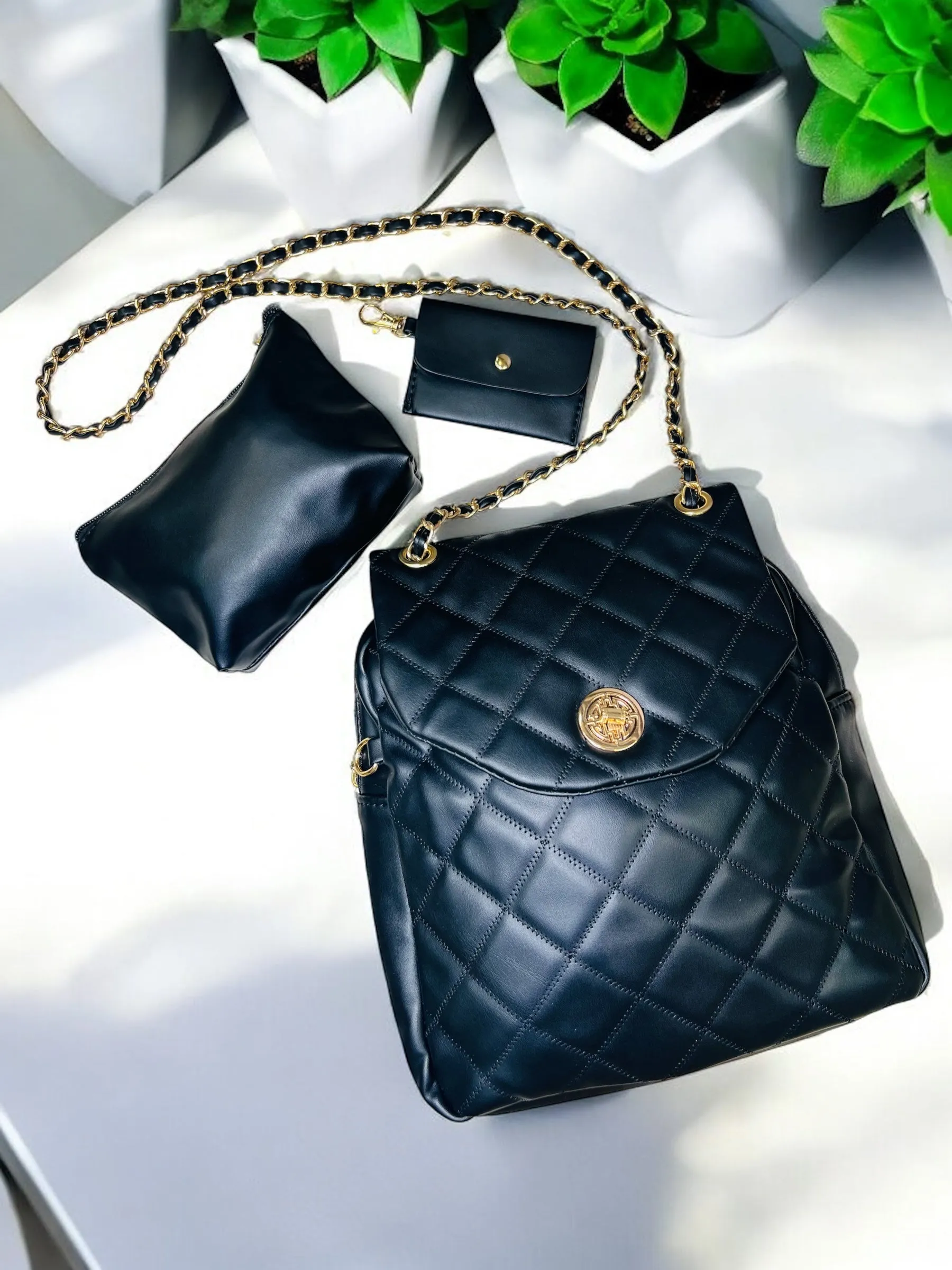 Grenobil Black Quilted Backpack Set with Chain Details C-380Y