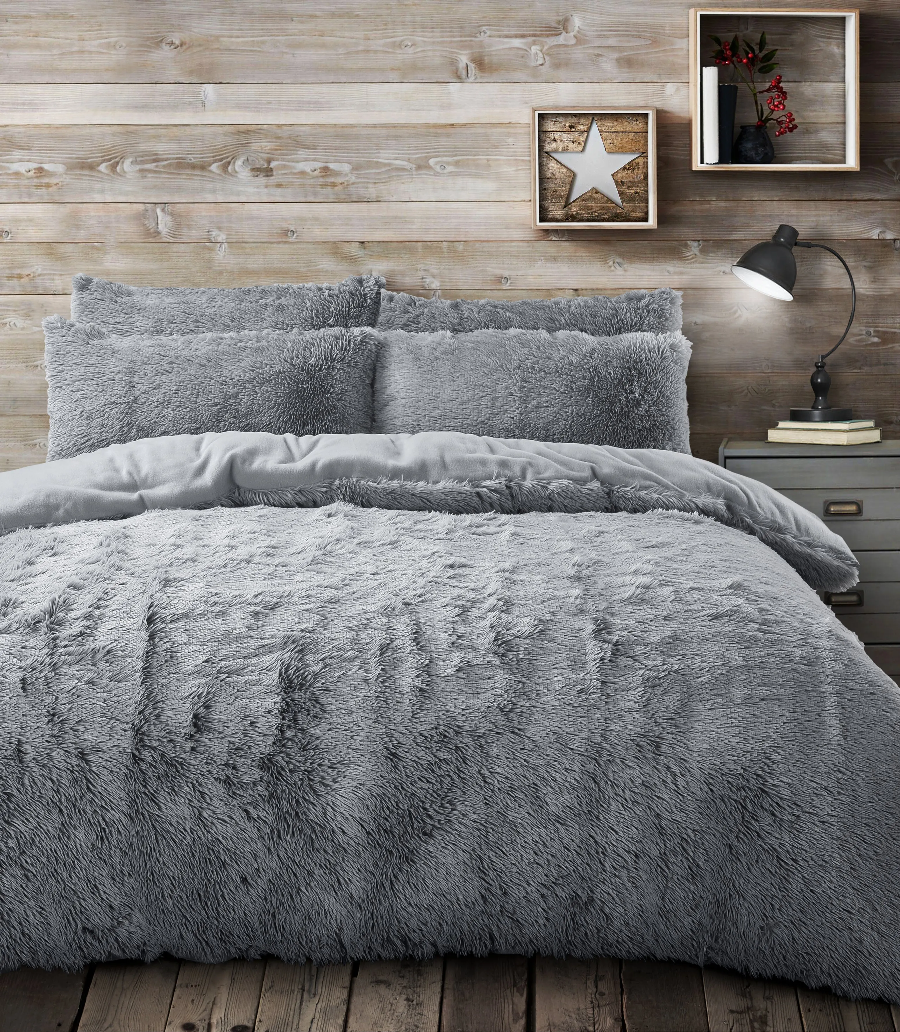 Grey Long Pile Faux Fur Duvet Cover Set