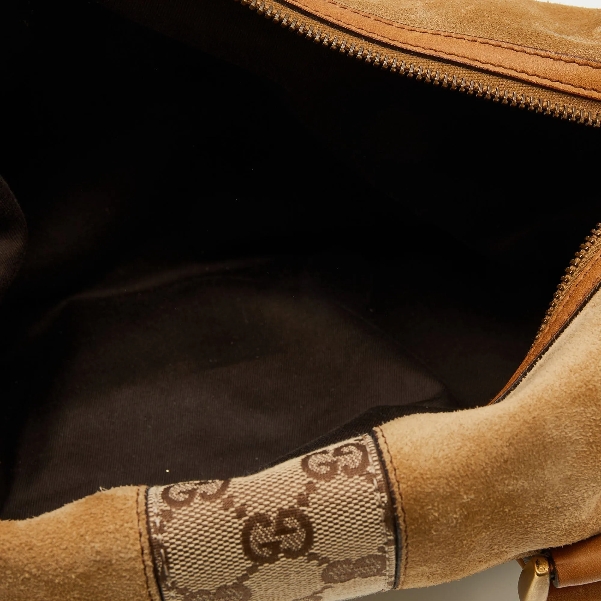 Gucci Beige/Tan GG Canvas And Suede Boston Bag