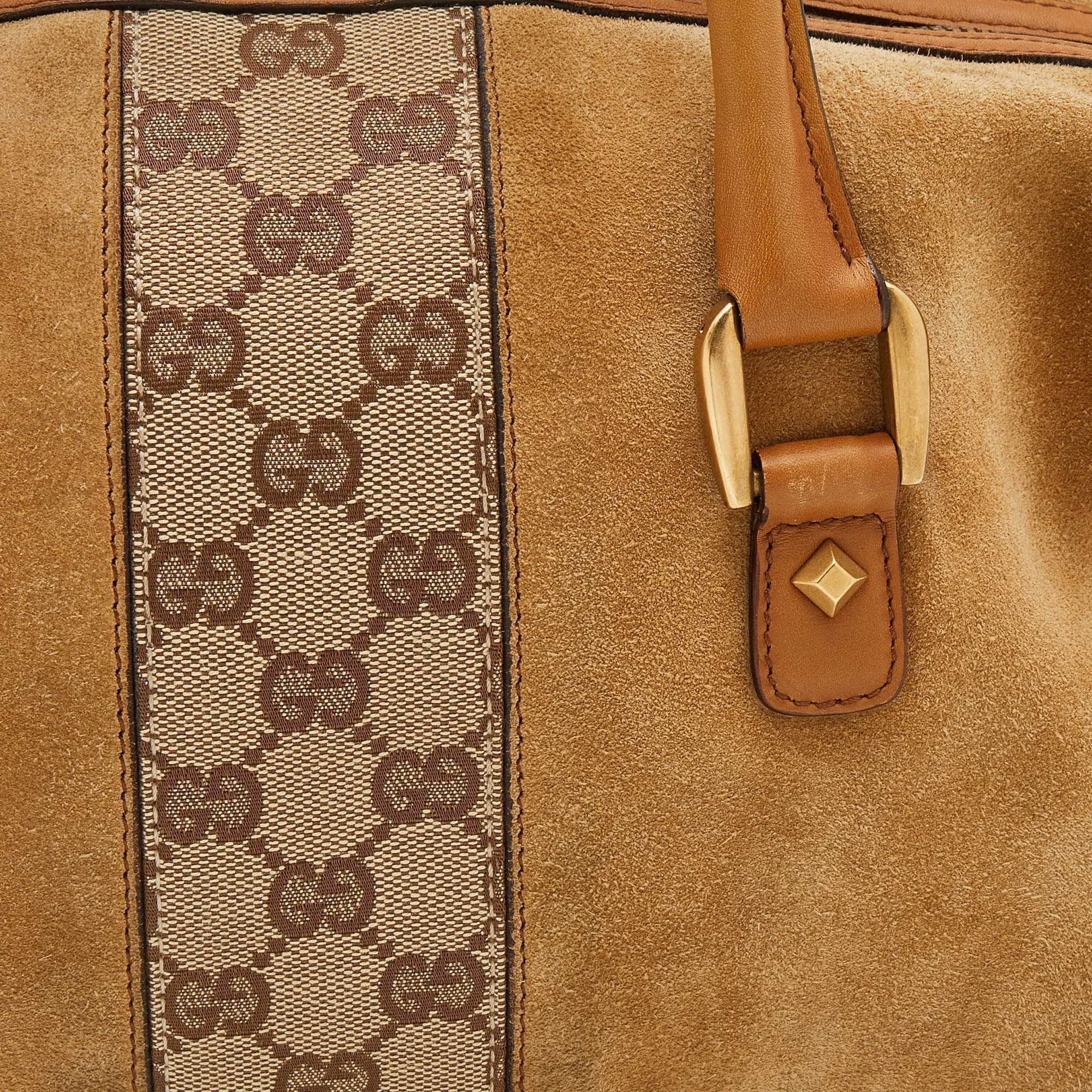 Gucci Beige/Tan GG Canvas And Suede Boston Bag
