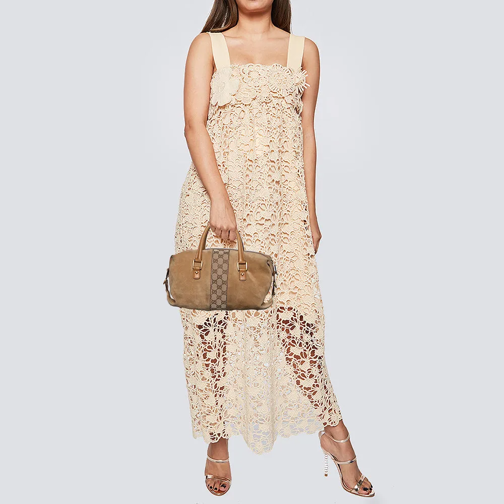 Gucci Beige/Tan GG Canvas And Suede Boston Bag