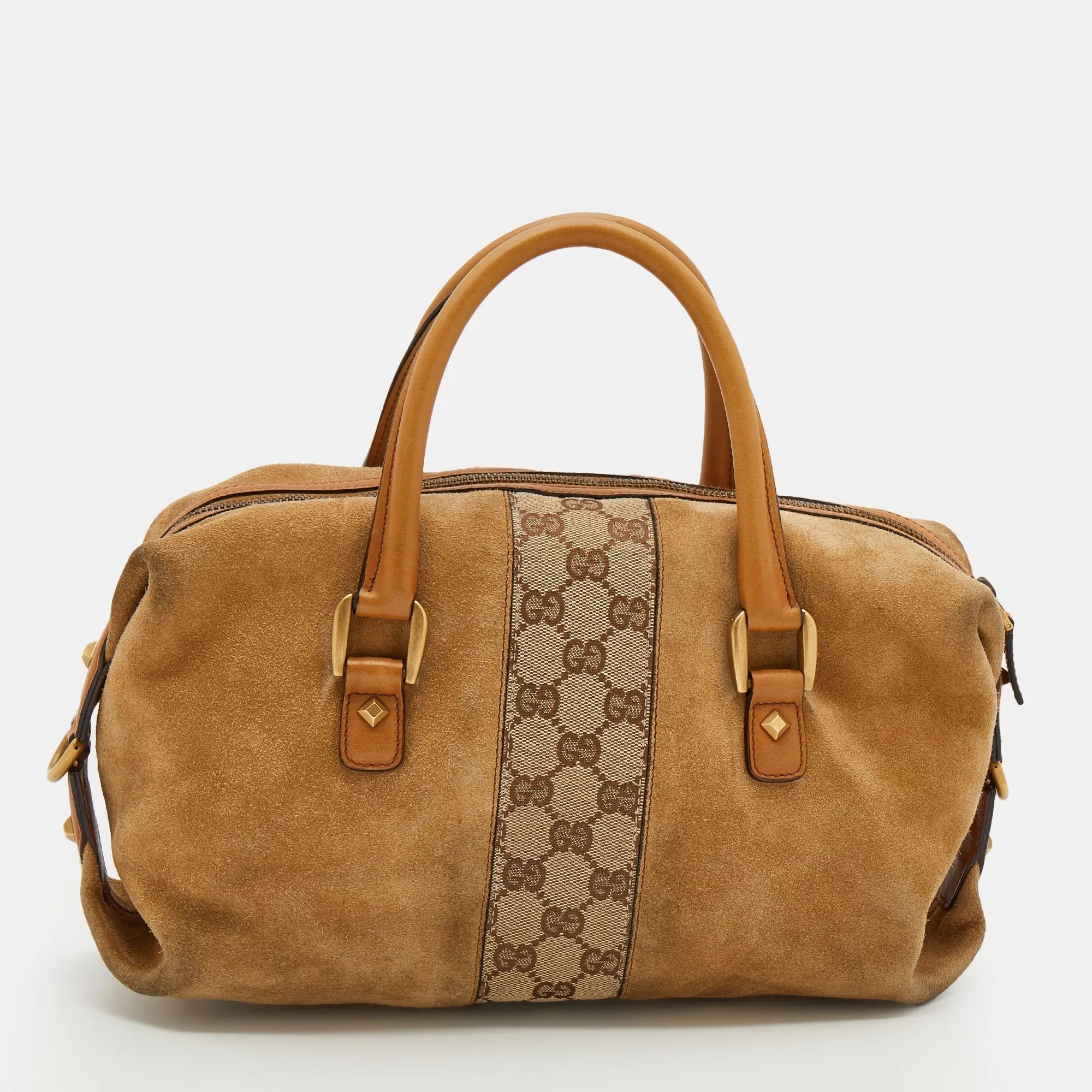 Gucci Beige/Tan GG Canvas And Suede Boston Bag