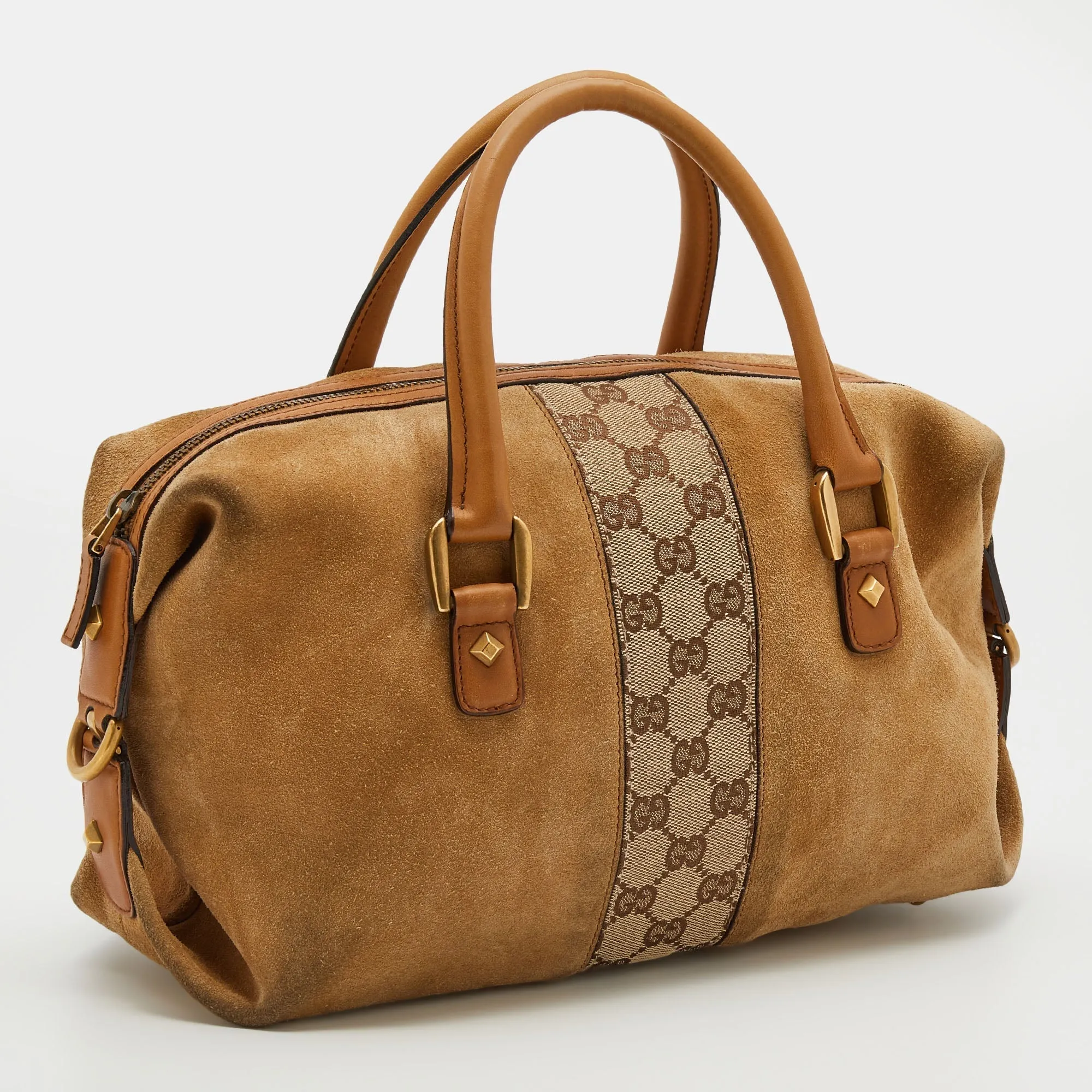 Gucci Beige/Tan GG Canvas And Suede Boston Bag