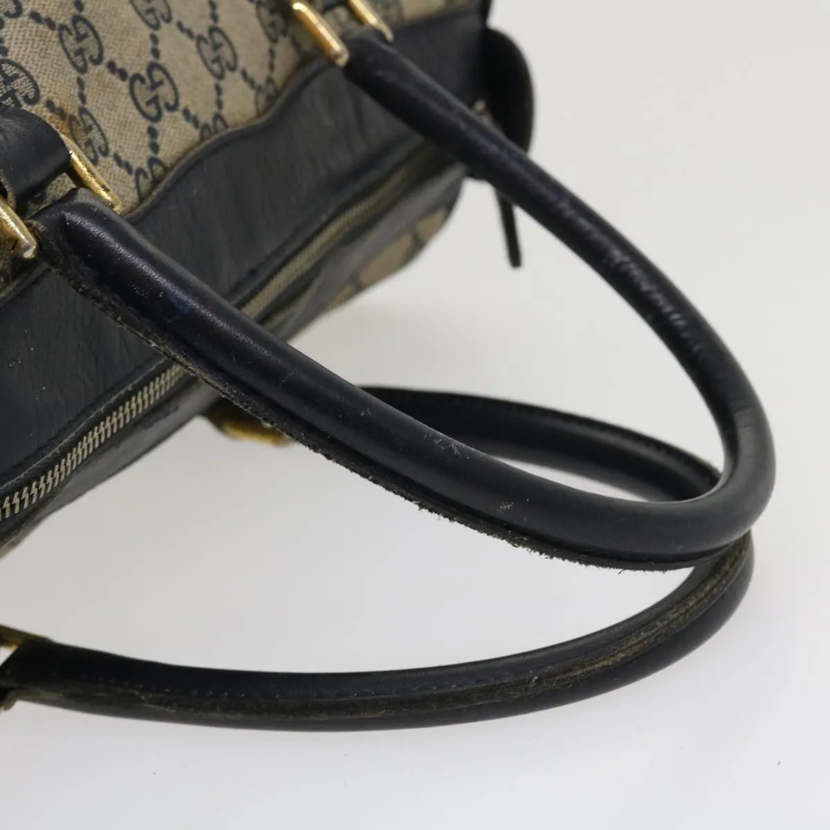 GUCCI GG Canvas Boston Bag PVC Leather Gray Navy  th3293