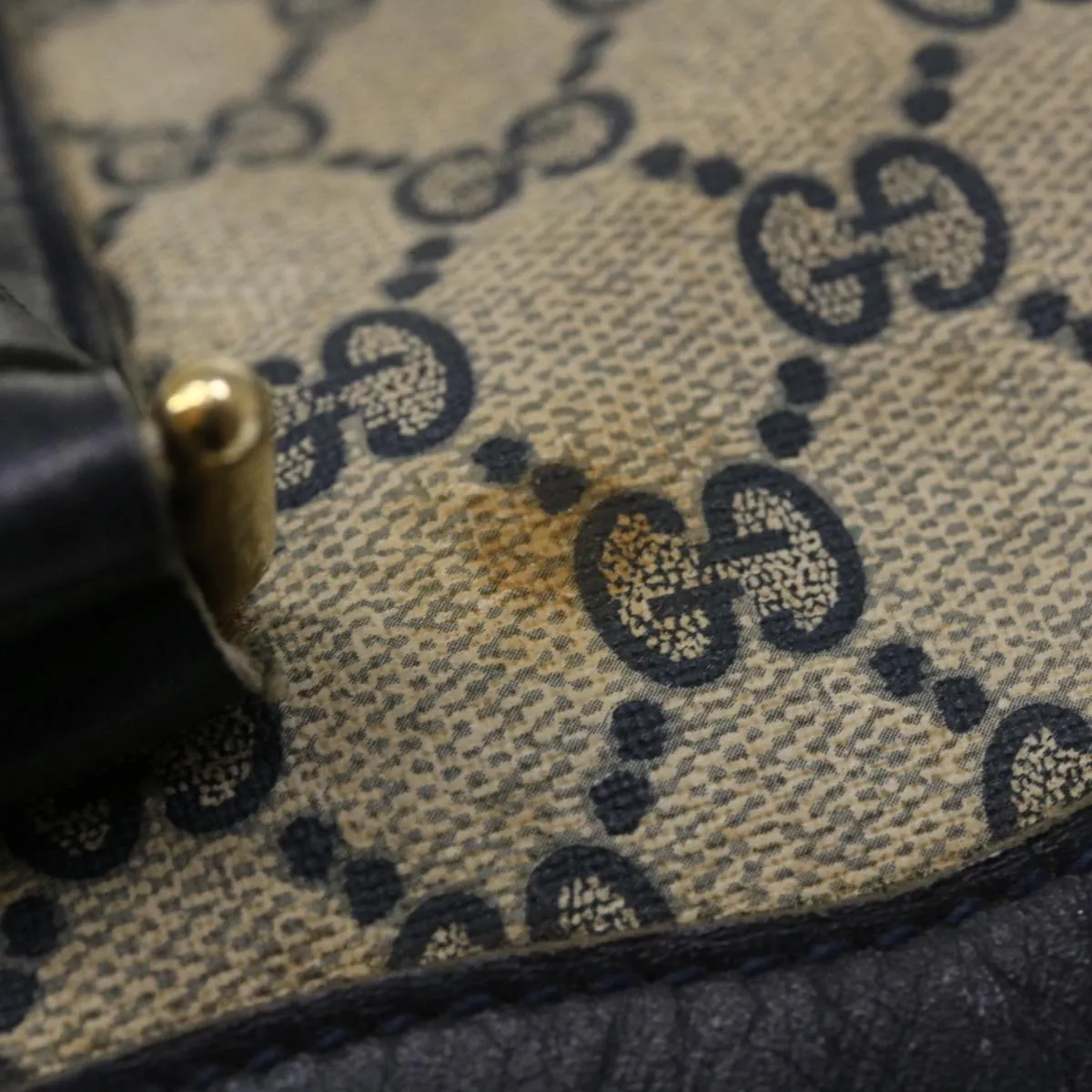 GUCCI GG Canvas Boston Bag PVC Leather Gray Navy  th3293