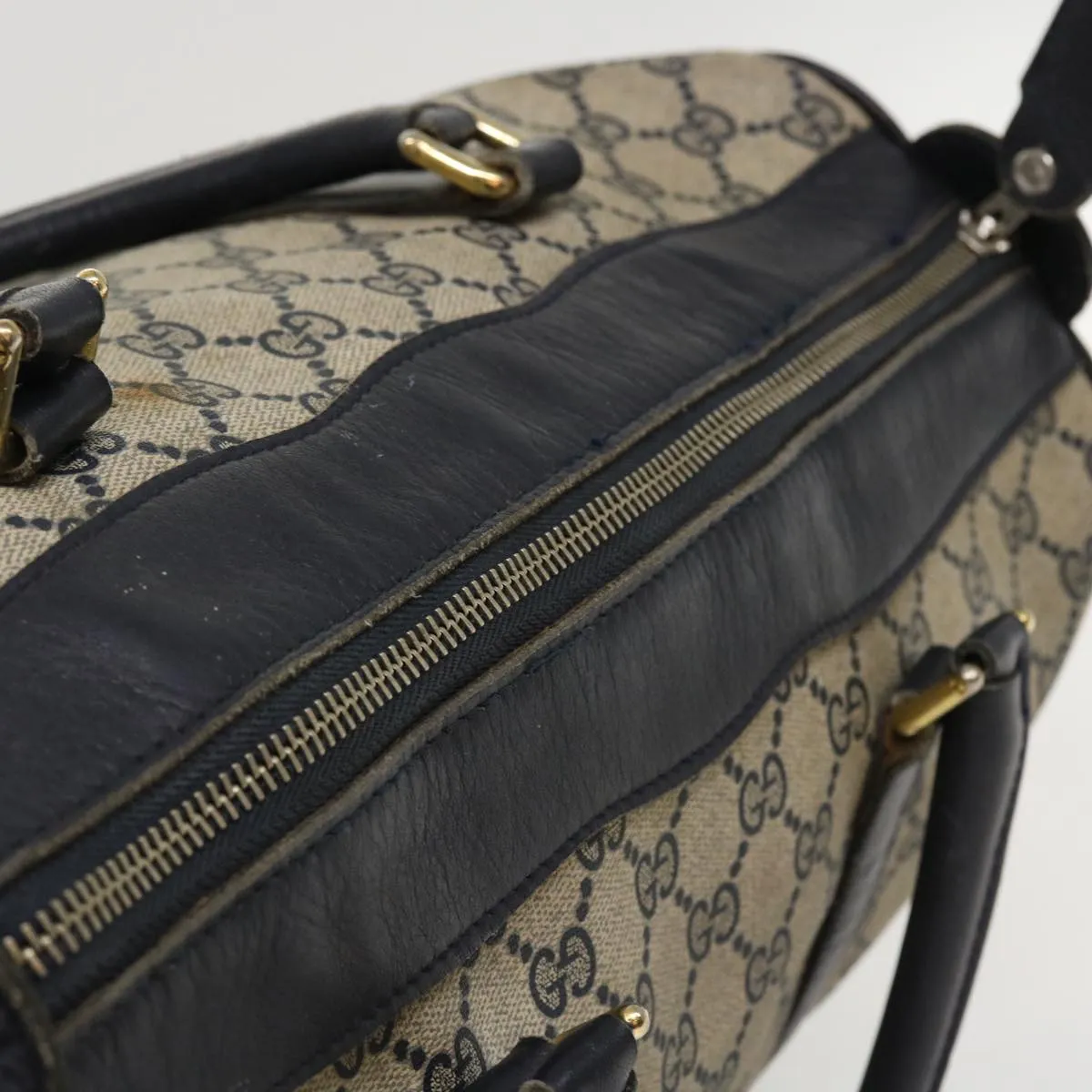GUCCI GG Canvas Boston Bag PVC Leather Gray Navy  th3293