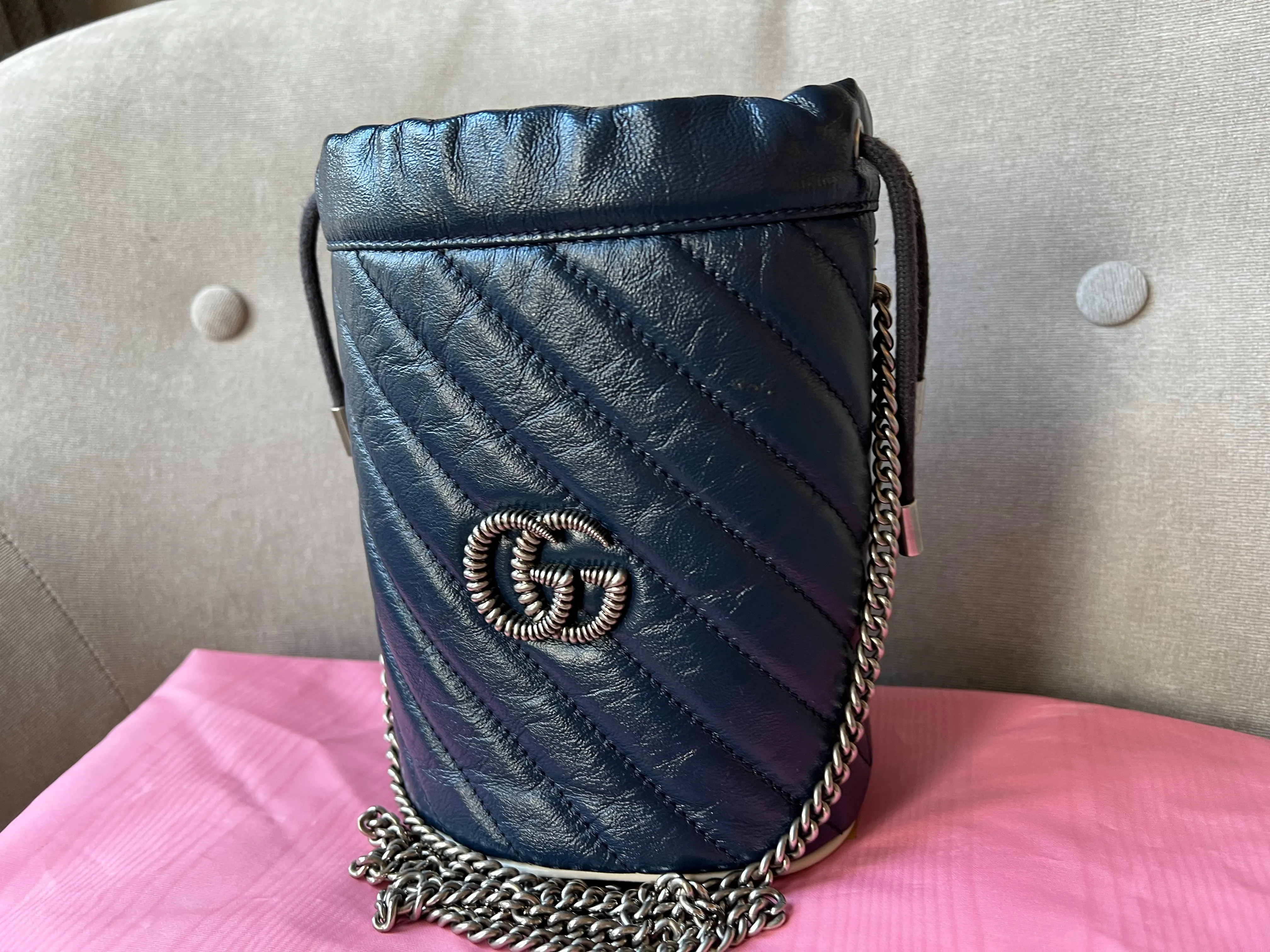 Gucci GG Navy Torchon Marmont GG Mini Bucket Bag