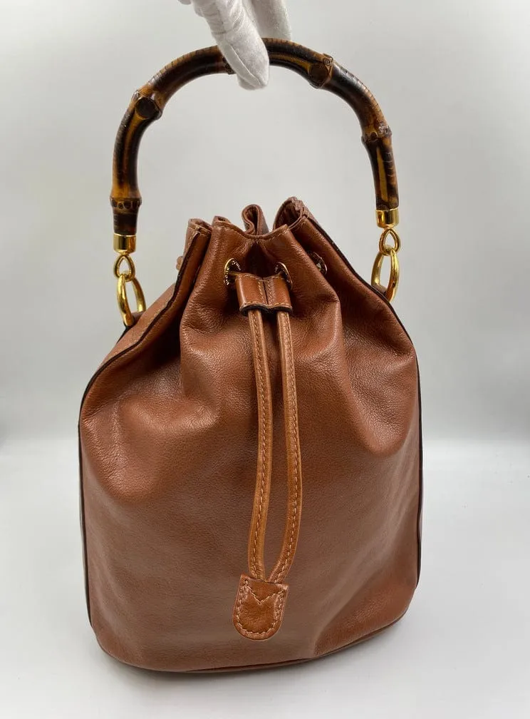 Gucci Tan Bucket Bag w Bamboo Handles