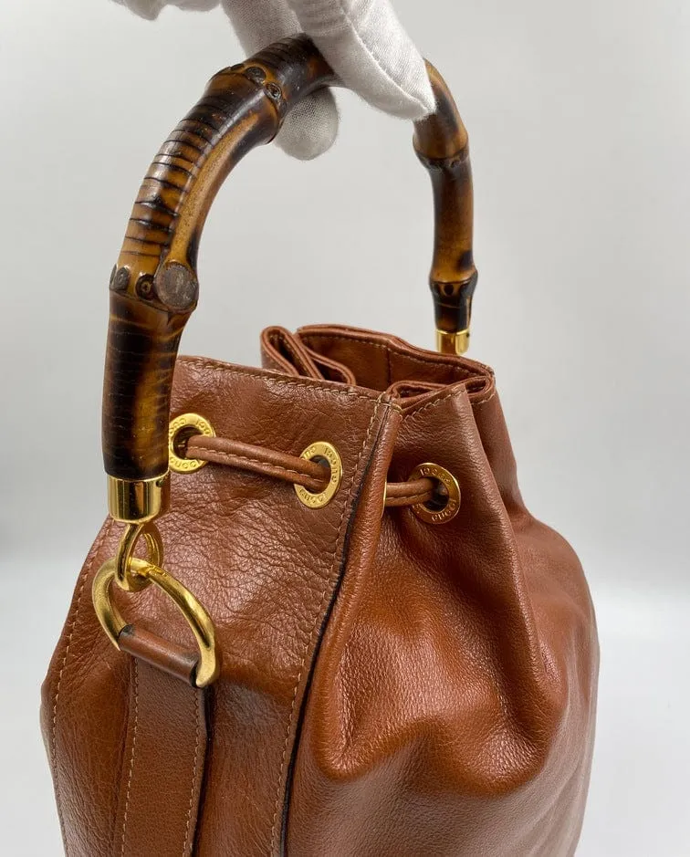 Gucci Tan Bucket Bag w Bamboo Handles