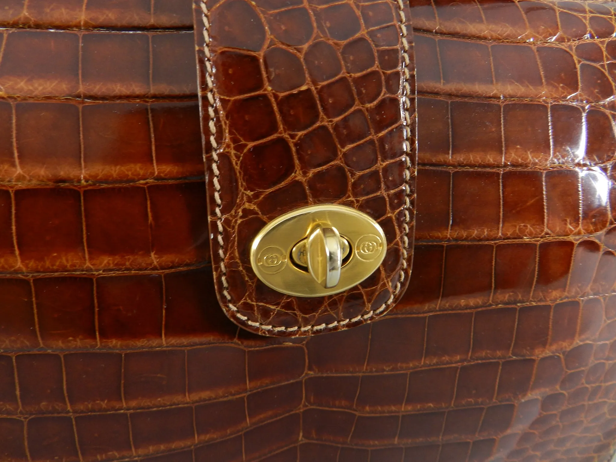 Gucci Vintage Cognac Crocodile Doctor Bag with Bamboo Handle
