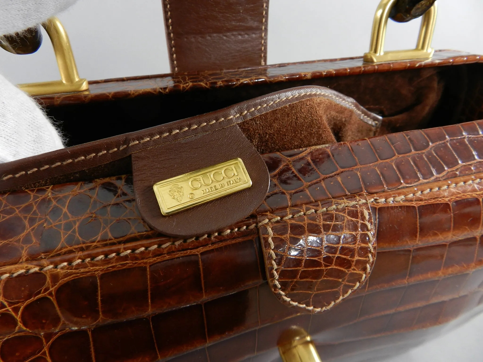 Gucci Vintage Cognac Crocodile Doctor Bag with Bamboo Handle