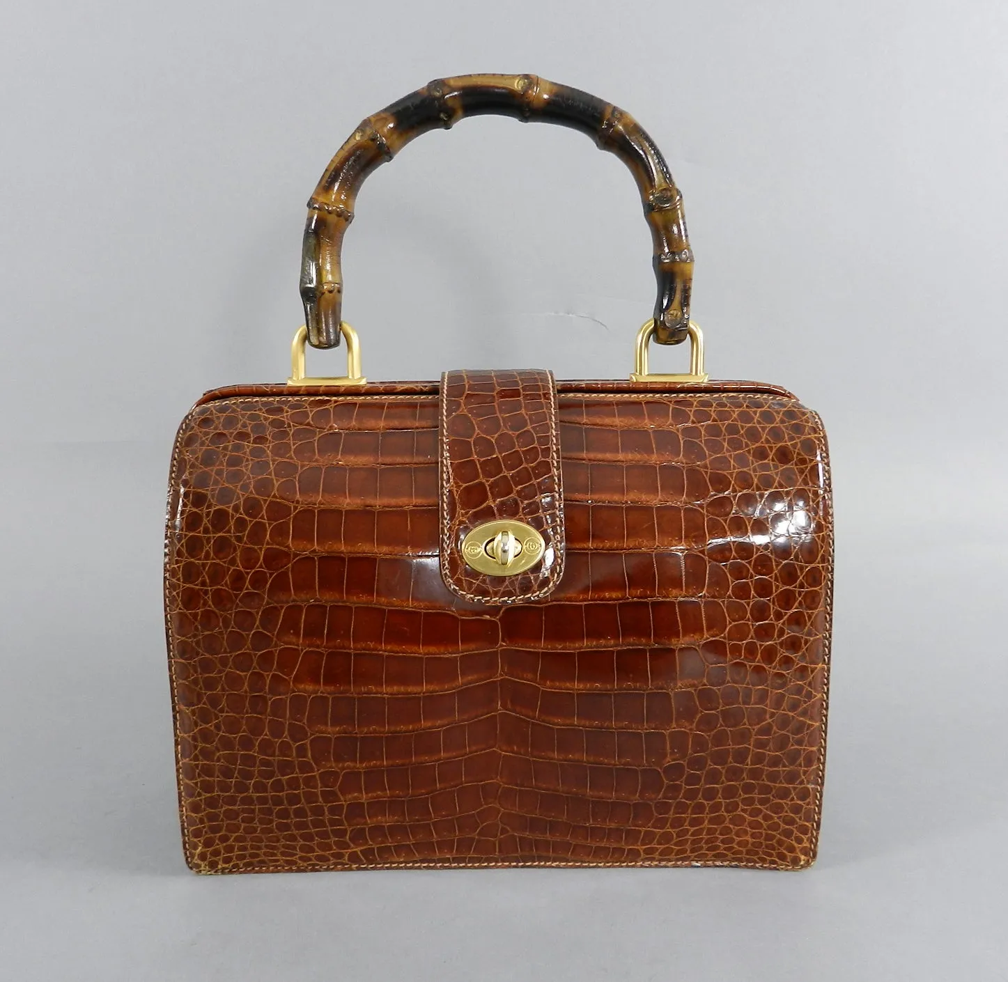 Gucci Vintage Cognac Crocodile Doctor Bag with Bamboo Handle