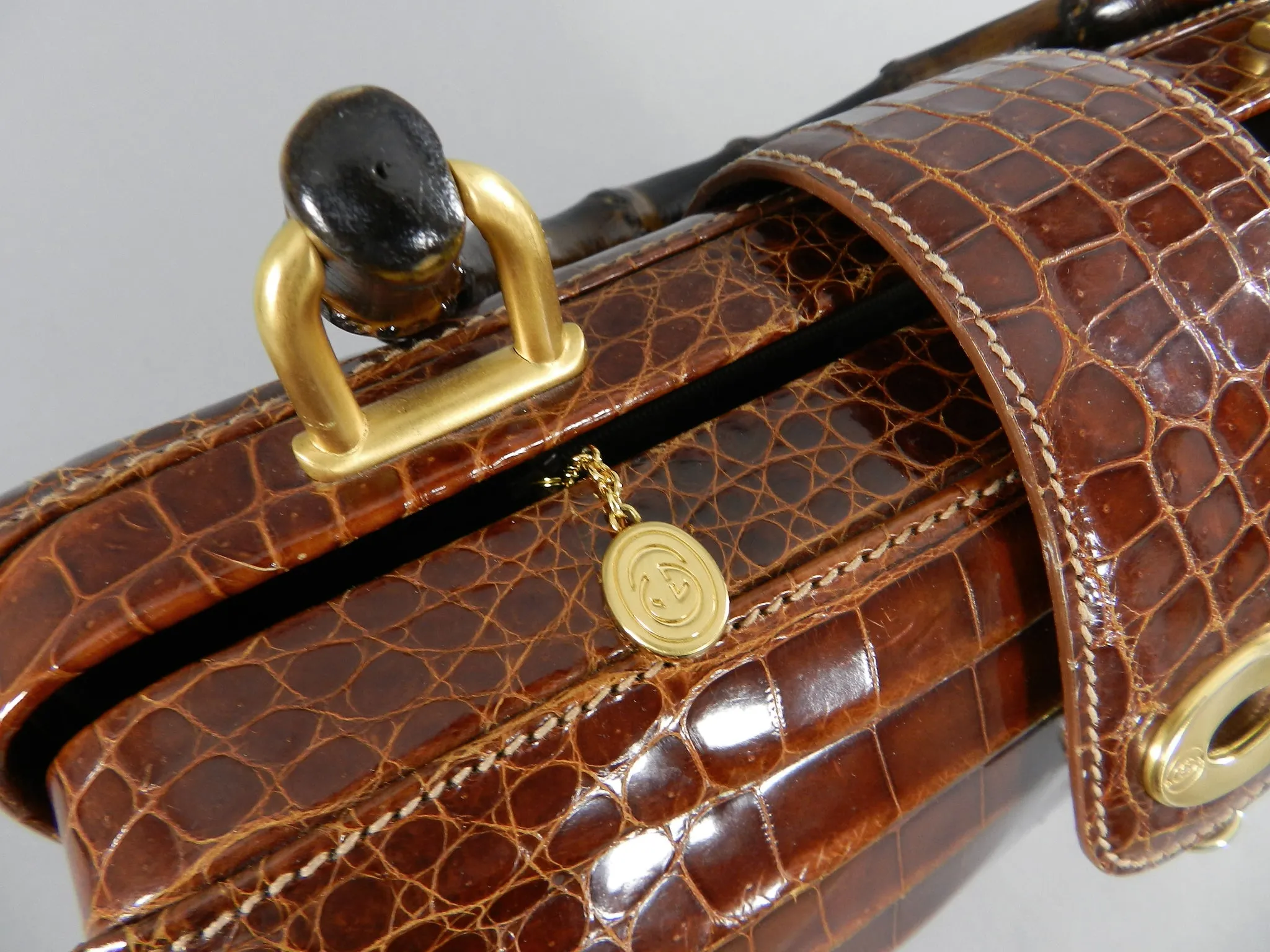 Gucci Vintage Cognac Crocodile Doctor Bag with Bamboo Handle
