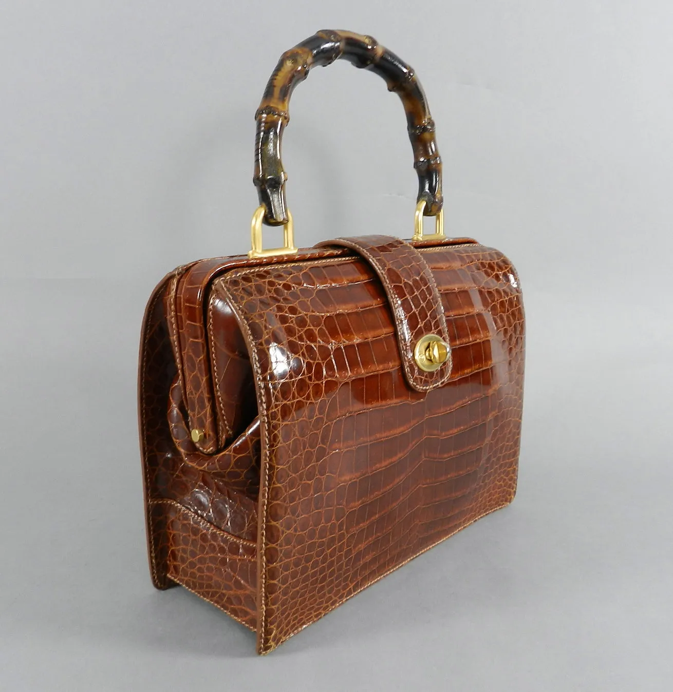 Gucci Vintage Cognac Crocodile Doctor Bag with Bamboo Handle