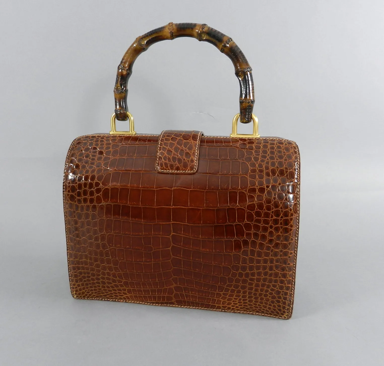 Gucci Vintage Cognac Crocodile Doctor Bag with Bamboo Handle