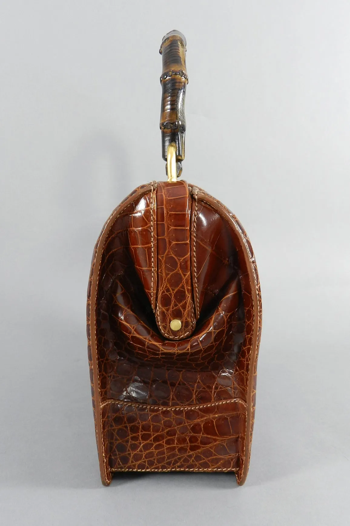 Gucci Vintage Cognac Crocodile Doctor Bag with Bamboo Handle