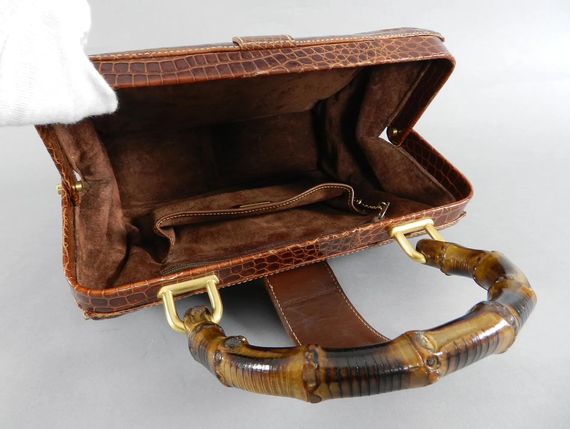 Gucci Vintage Cognac Crocodile Doctor Bag with Bamboo Handle