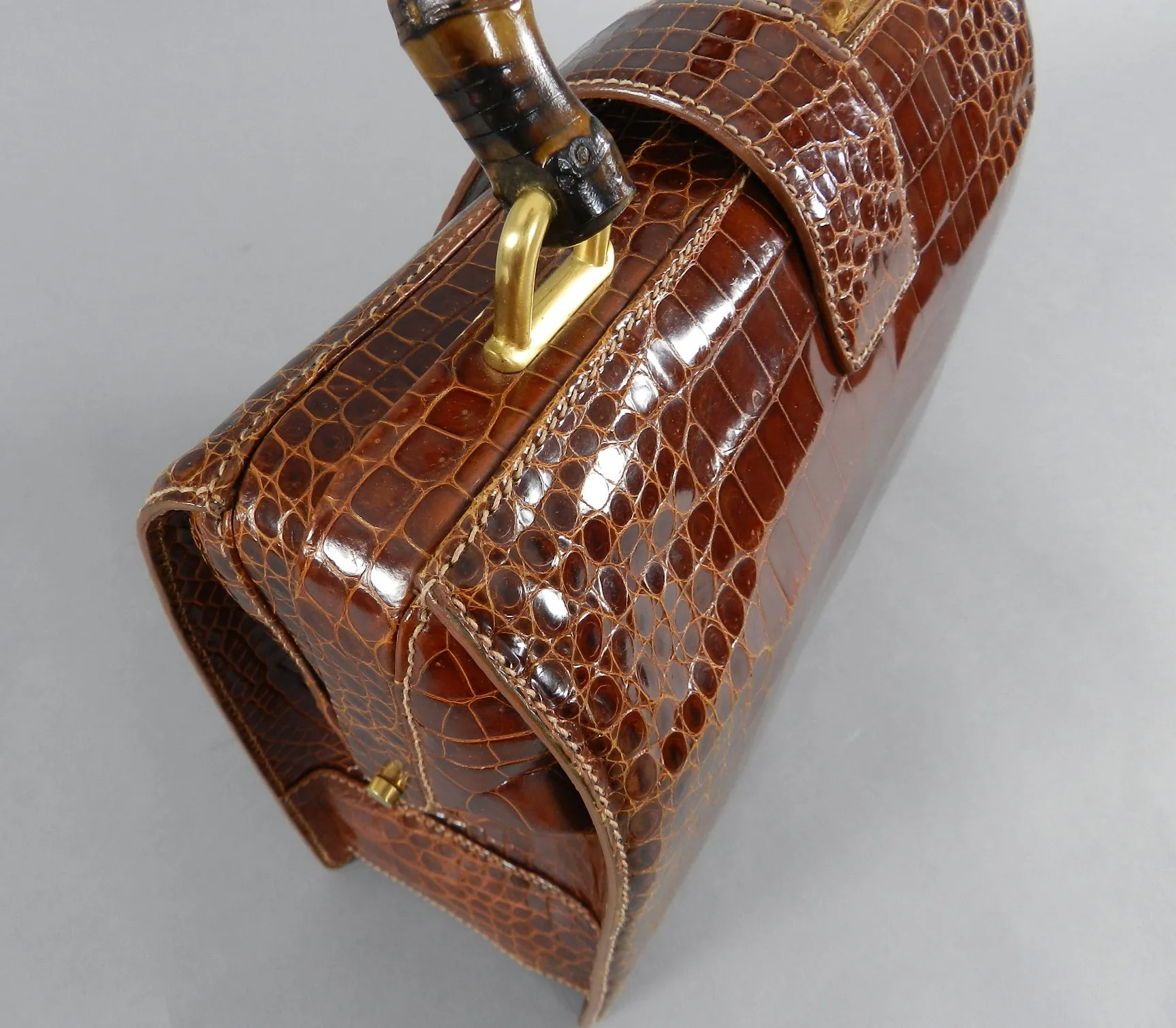 Gucci Vintage Cognac Crocodile Doctor Bag with Bamboo Handle