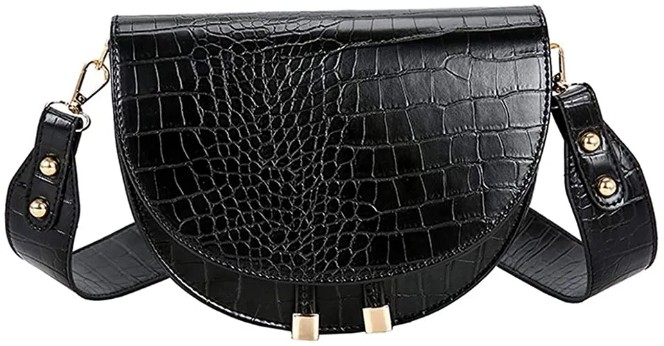Half Moon Crocodile Coffee Brown Crossbody Wide Strap Bag