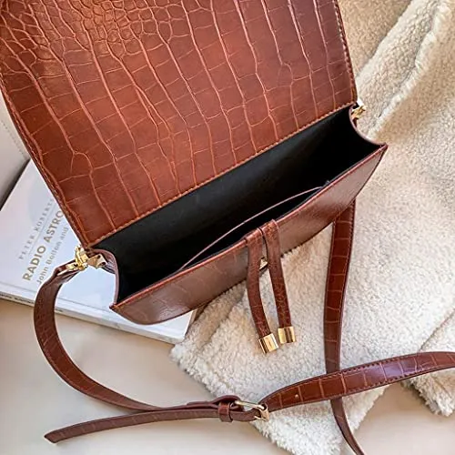 Half Moon Crocodile Coffee Brown Crossbody Wide Strap Bag