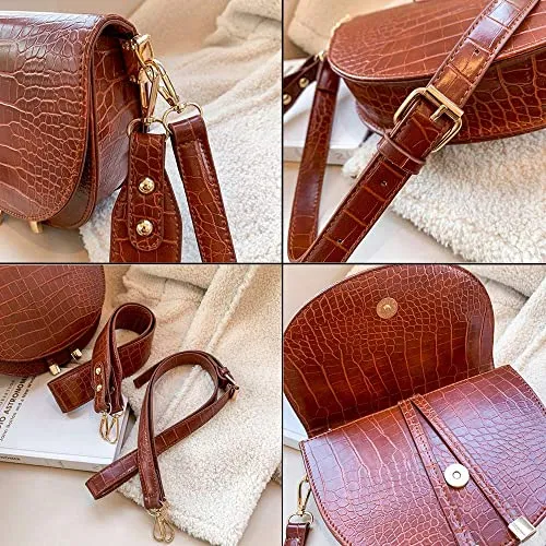 Half Moon Crocodile Coffee Brown Crossbody Wide Strap Bag